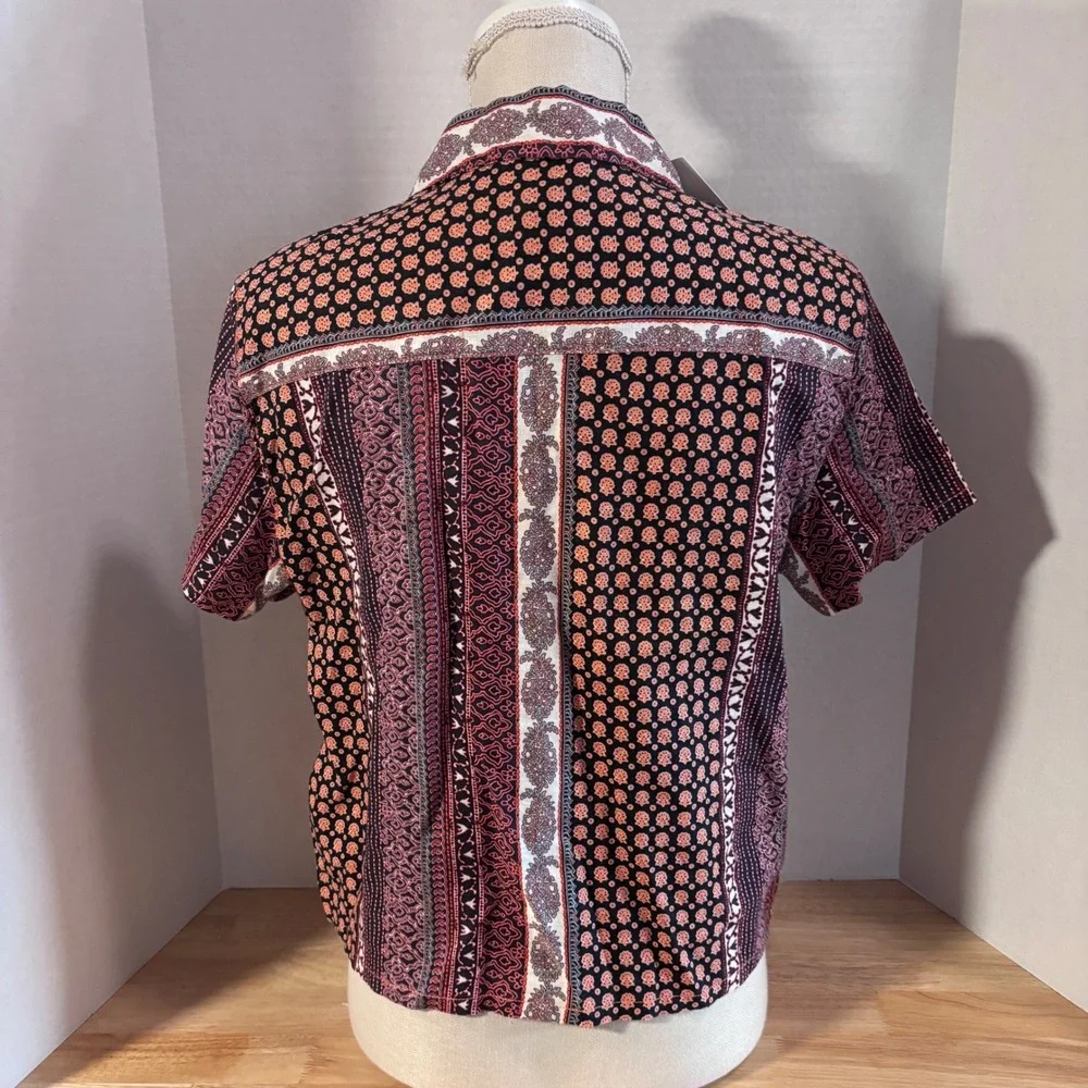 Rachel Zoe Women's Medium Linen Short Sleeve‎ Button Up Shirt Tribal New